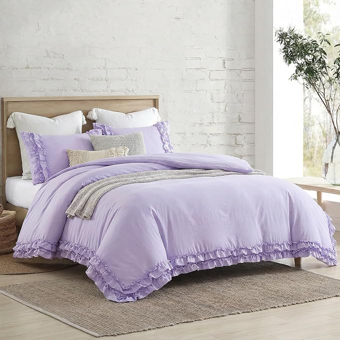 Bedrom Ruffled Duvet Cover Queen Light Purple Bedding Set Shabby Chic Lace Ruffle Bedroom Set Lilac Purple Aesthetic Boho Duvet Cover Set for Girls Women