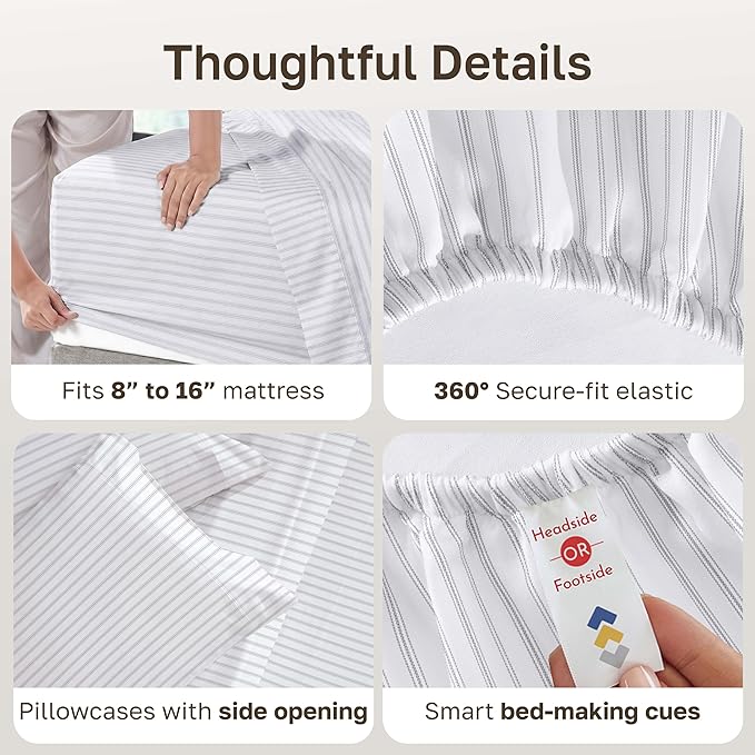 California Design Den Luxury 600 Thread Count Deep Pocket Queen Sheets Set | 100% Cotton Sateen Backed by Good Housekeeping Seal, Soft & Smooth, 16" Deep Pocket - Print - Ticking Stripe
