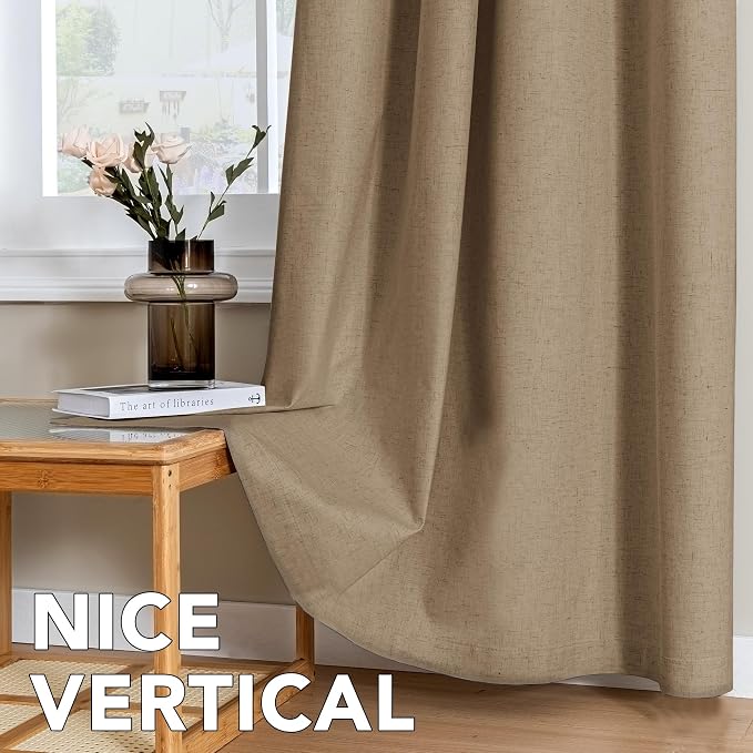 H.VERSAILTEX Linen Curtains 100% Blackout Curtains for Bedroom 120 inch Long Full Light Blocking Nature Linen Blended Window Curtains for Living Room Nickel Grommet (2 Panels, Heathered Macchiato)