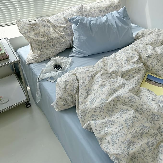mixinni Blue Floral Duvet Cover King Size - 100% Cotton Soft Boho Comforter Cover with Zipper Closure 4 Ties, 3-Piece Vintage Aesthetic Botanical Bedding Set with 2 Pillowcases, All Season Bed Set