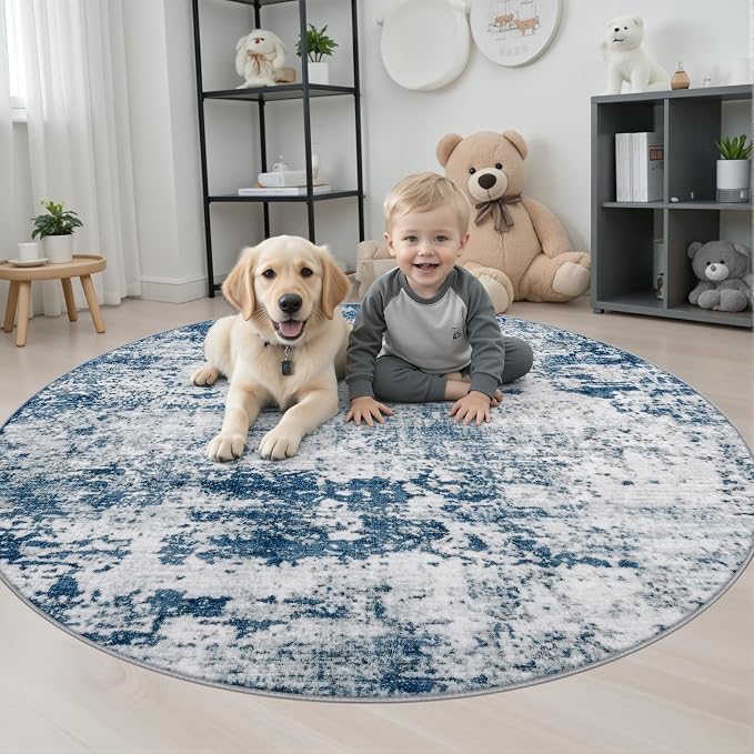 Round Area Rug Living Room: 4 ft Modern Washable Carpet Blue | For Bedroom Dining Room Farmhouse Nursery Hallway Office,Modern Abstract,Machine washable,Non-Slip,Stain Resistant,Indoor