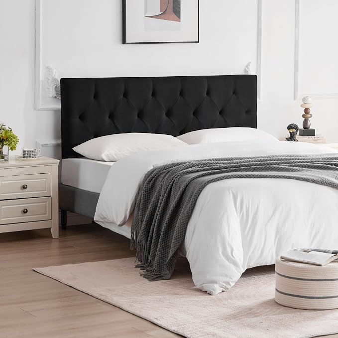 Linen Headboard Queen Size Only, Adjustable Height 37-51 in, Black | Diamond Tufting Solid Wood Queen Headboards, Durable Metal Legs, Upholstered Queen Head Board for Bed Frame, Modern Fabric