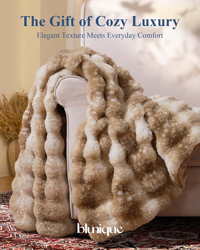 Ultra Soft Cozy Faux Fur Throw Blanket, Fuzzy Plush Thick Bubble Blanket, Oversize Luxury Fluffy Blanket for Couch, Bed, Bedroom and Living Room, 60x80 Inches, Tie-Dye Camel