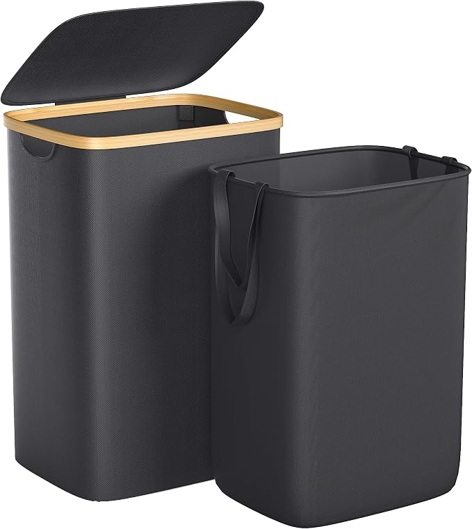 Foluck Large Laundry Hamper, 75L Waterproof Laundry Basket with Lid and Removable Bag, Collapsible Tall Clothes Hamper with Bamboo Handles for Clothes Toys in Dorm Bedroom Bathroom, Black
