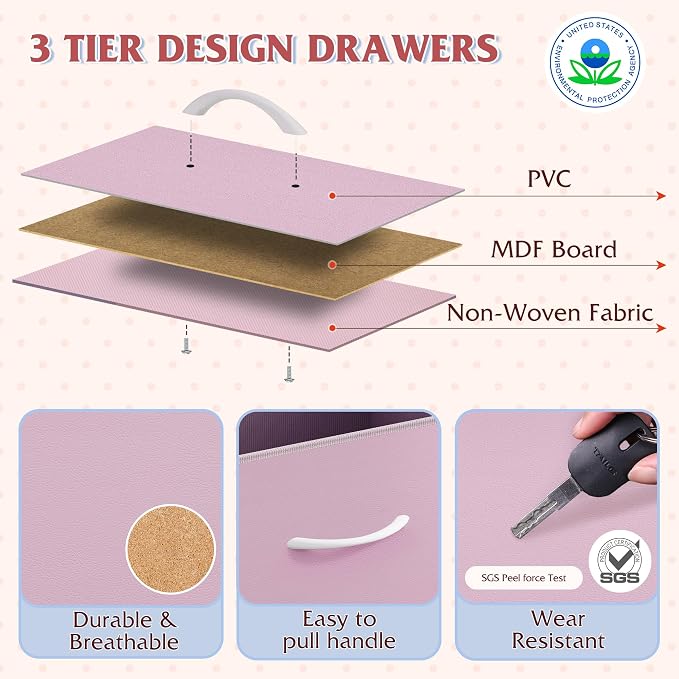 WLIVE 11 Drawer Dresser for Bedroom, Tall Chest of Drawers, A-Pink | 11 fabric storage drawers, Tall high-capacity design, Bedroom or dorm use, Sturdy steel frame, Smooth wood tabletop