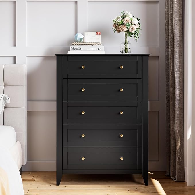 Garvee 5 Drawer Dresser for Bedroom, Modern Tall Chest of Drawers with Metal Knobs, Wooden Clothes Storage Organizer for Closet, Nursery, Living Room, Apartment, Black | Lacquered Finish, Metal Knobs, Clothes Storage Organizer for Closet, Nursery, Livi...