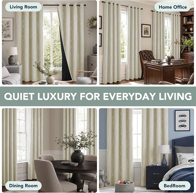 Deconovo 100% Blackout Living Room Curtains 84 Inches Long, Black Backing | Silver Line Foil Pattern Drapes, Thermal Insulated, Room Darkening, Grommet, 2 Panels Set, Light Beige, 52 x 84 Inch