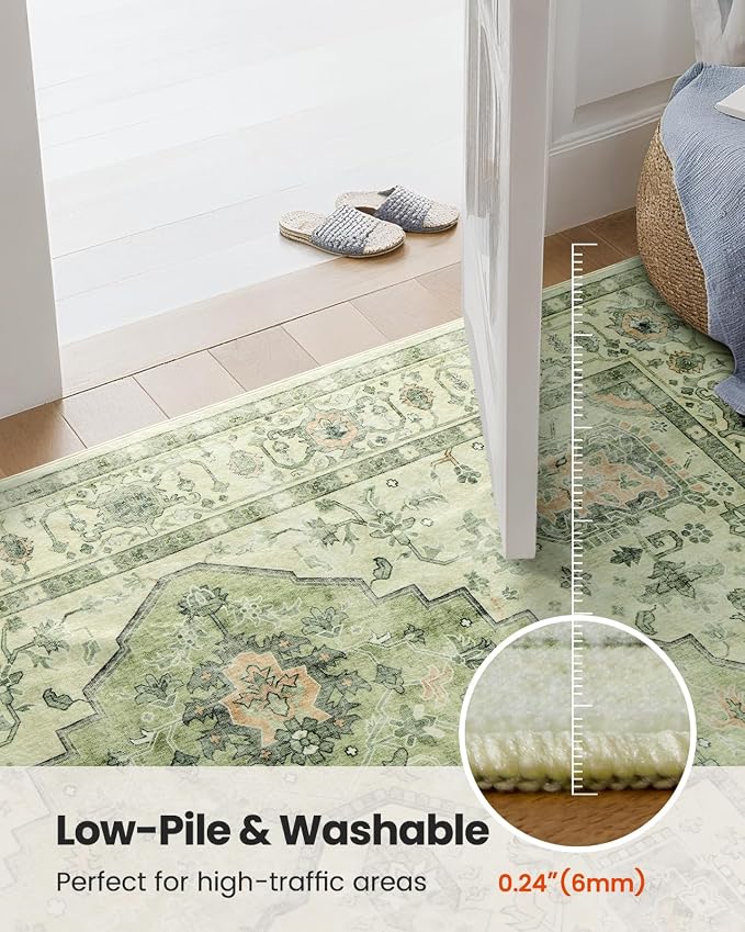 AMADA HOMEFURNISHING 9x12 Area Rug, Washable Low-Profile Large Area Rug with Non-Slip Backing & Durable Edge Binding, Vintage Large Rugs for Living Room, Bedroom