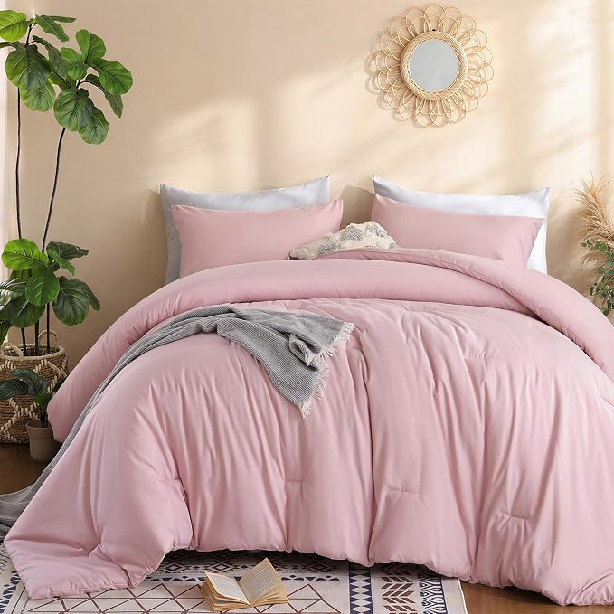 weigelia Pink Comforter Set Queen Size, All Season Lightweight Bedding Set | Soft Microfiber Queen Comforter Set, Machine Washable, Solid Color Bed Set (1 Comforter, 2 Pillowcase)