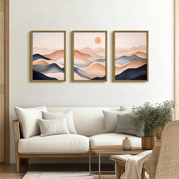 Vintage Abstract Mountain Wall Art Set of 3 Canvas, Neutral Desert Landscape Framed Poster, Retro Boho Painting for Farmhouse Home Decor, Sunrise Nature Print Picture Living Room Bedroom 16x24 Inch