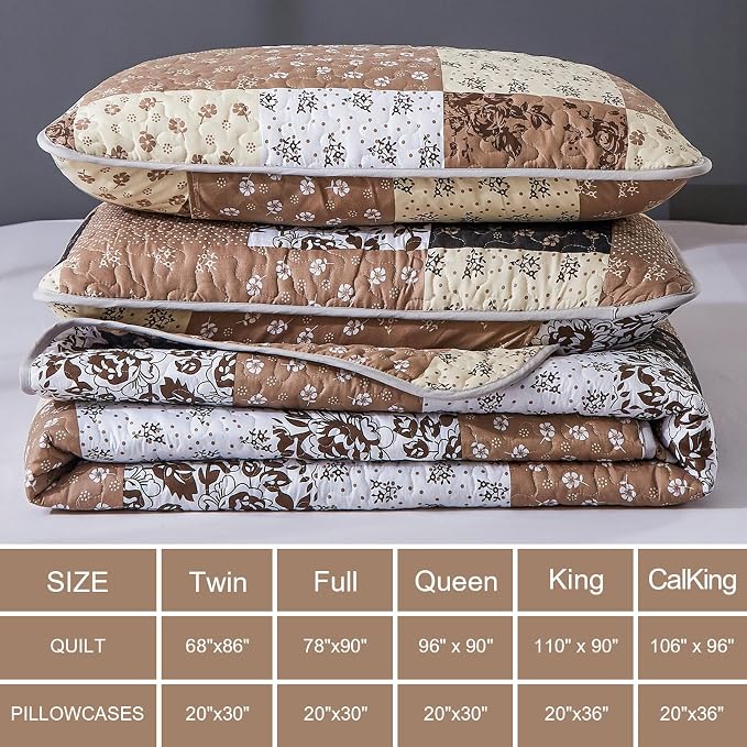 Mybedsoul Brown Quilt Set Full Size, Patchwork Floral Bedding Set | Soft Lightweight Microfiber Coverlet Set, 3 Pieces Plaid Reversible Bedspread, Bed Sets for All Seasons 78"x90"