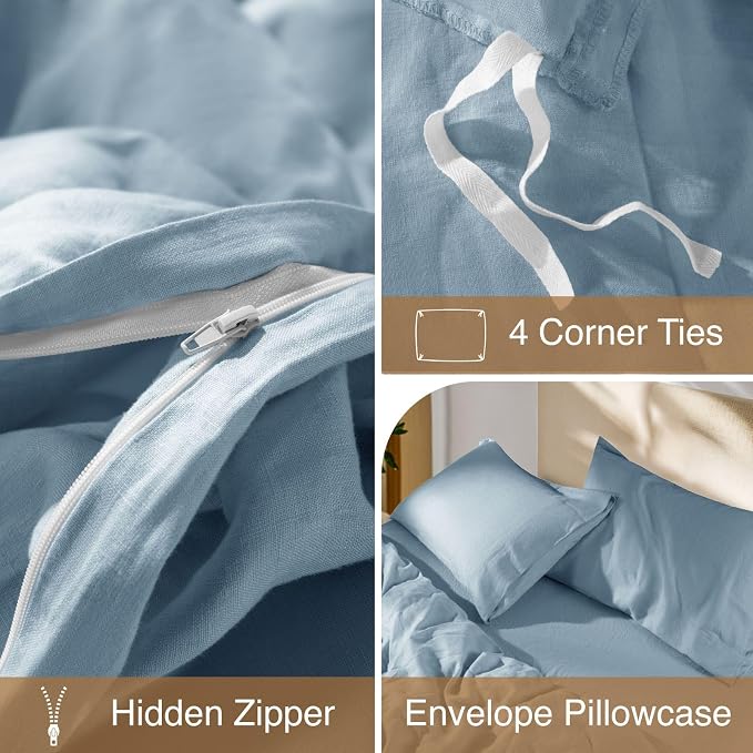 SONORO KATE 100% French Linen King Duvet Cover Set,Zipper Closure,3PC | Natural French Flax,Soft Breathable for Hot Sleepers,Moisture Wicking & Durable,4 Corner Ties,Dusty Blue