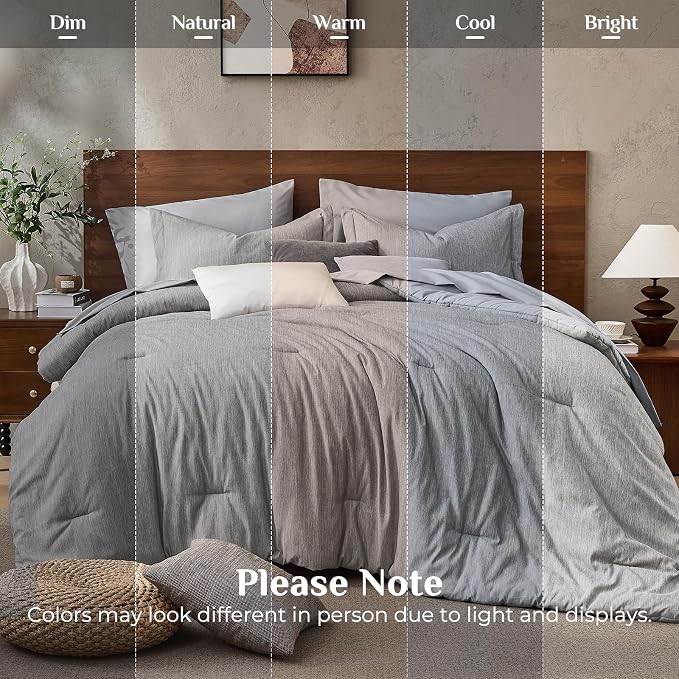 JOLLYVOGUE Grey King Comforter Set, Cationic Dyeing Bed in a Bag King 7 Pieces, Double-Tone Bedding Set with Down Alternative Comforter, Sheets, Pillowcases & Shams