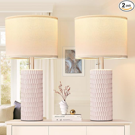 Reaketon Modern Ceramic Table Lamps Set of 2, Lamps for Nightstands, Pink | 20” Lamps for Bedroom, Small Table Lamps for Living Room, Bedside, End Table, Entryway, Kids Room, Pull Chain Switch