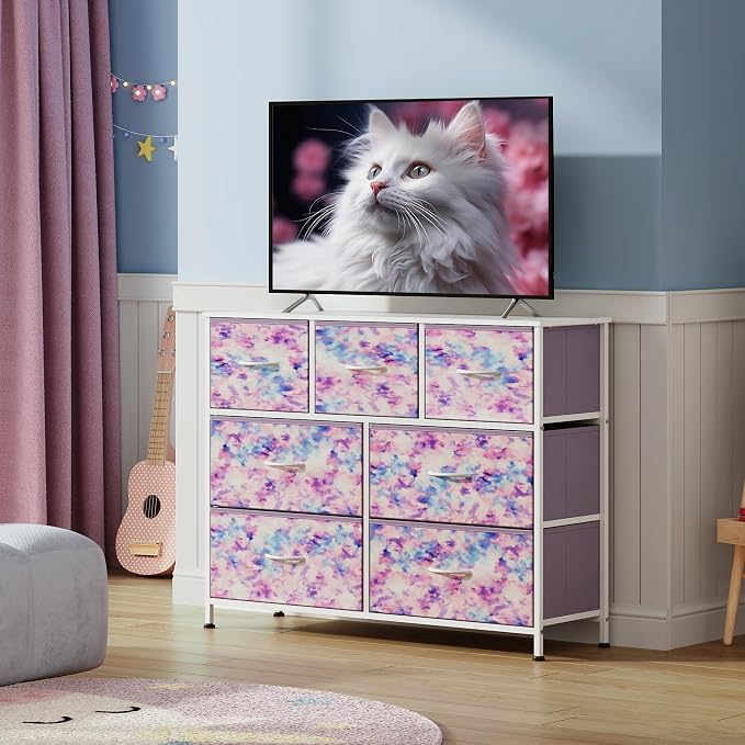 WLIVE Dresser for Bedroom, 7 Drawers, TV Stand, Tie-Dye | 7 roomy fabric drawers, Fits TVs up to 45 inch, Bedroom or living room, Wide storage design, Chest of drawers
