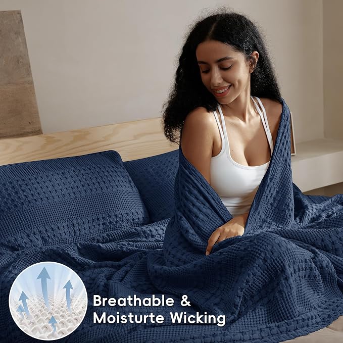 PHF Lightweight 100% Cotton Waffle Blanket for Bed, Queen, Blue Sapphire | Pre-Washed Soft Cotton Comfort, Breathable Layering Warmth for Fall & Winter, Bed, Sofa, Couch, Home Decor & Gifts