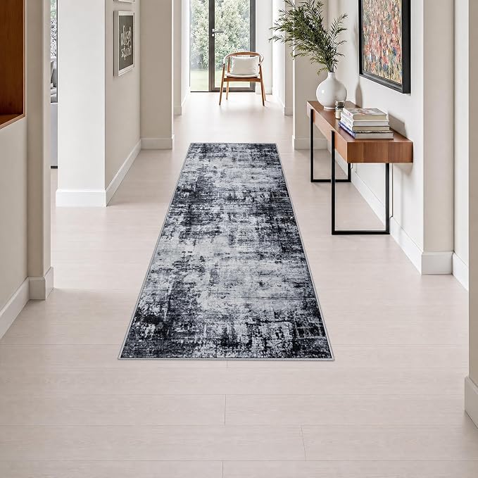2x6 Washable Runner Rug：Modern Abstract Soft Carpet Dark Black | For Hallway, Bedroom, Kitchen, Laundry, Bathroom,Door Mat,Modern Abstract,Machine washable,Non-Slip,Stain Resistant,Indoor
