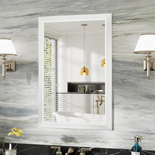 Bathroom Wall Mirror, White Metal Frame, 24x36 Inch | Anti-rust, HD tempered glass, for bathroom vanity, bedroom, living room, horizontal or vertical mount