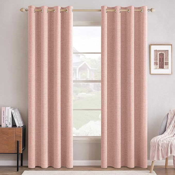 MIULEE 100% Blackout Linen Curtains for Bedroom 52x84 Inches Blush Pink | Room Darkening, Light Blocking, Thermal Insulated, Grommet Top, Linen Textured, Window Curtains for Living Room, 2 Panels