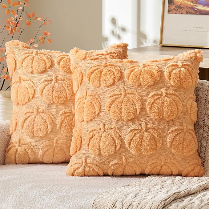 MIULEE Fall Pillow Covers Pumpkin Fall Decor 18x18 Pumpkin | Set of 2 Fall Decorations for Home, Plush Faux Fur Farmhouse Accent Pillowcases, Porch Sofa Couch Cushion Bed Livingroom