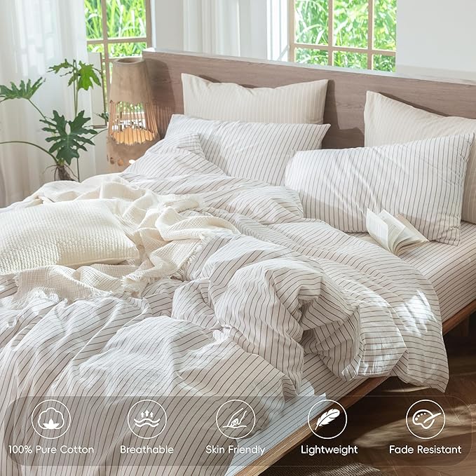 MooMee Striped Duvet Cover Set 100% Washed Cotton Linen Like King | Relaxed Linen-like Texture. Soft, Breathable & Long-lasting Comfort. Lightweight. Hidden Zipper with 8 Interior Corner Ties