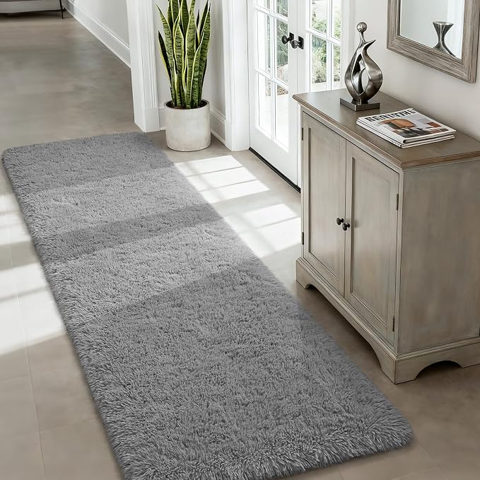 Soft Area Rug Fluffy Rugs for Living Room Bedroom Decor, 2x6 Runner Rugs for Hallway, Shag Furry Bedside Rug Indoor Accent Floor Carpet, Non-Slip Plush Rug for Nursery Kids Room Dorm, Grey
