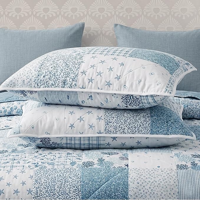 Twin/Twin XL Quilt Set-2 Pieces Soft Bedding Floral Patchwork Coverlet | All Seasons Lightweight Quilts Queen Size, 1 Quilt (66" x 92") and 1 Sham (20" x 26"), Reversible Bedspread, Coastal Blue
