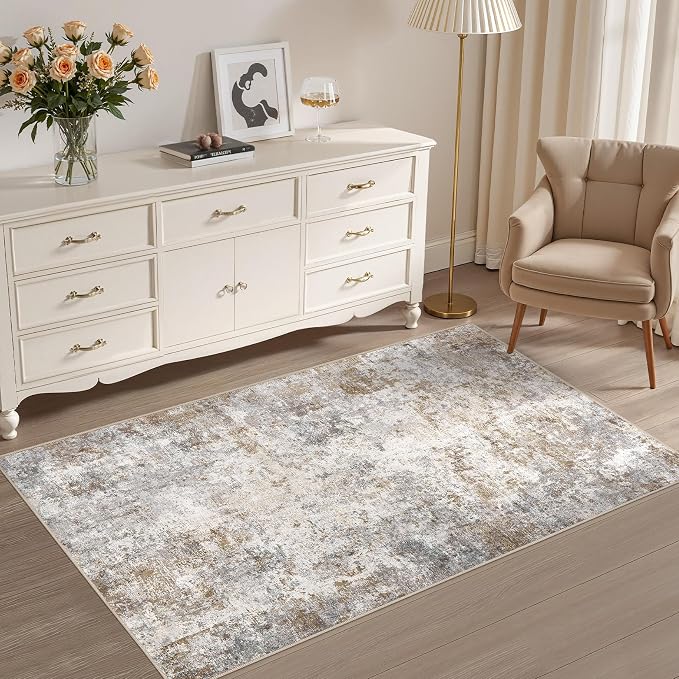 UERMEI 3x5 Entryway Area Rug Washable Neutral Brown Grey Small Carpet | Modern Abstract Non-Slip Soft Low Pile Rugs for Entrance Kitchen Living Room Bedroom Front Door Decor, Kid & Pet Friendly