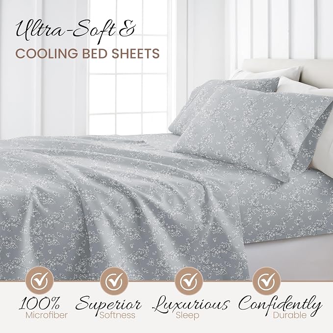 Linen Market Double-Brushed Patterned Microfiber California King Sheet Set 4 Piece – Oeko-TEX Certified Ultra Soft & Wrinkle-Free - 16" Deep Pocket Sheets Easy Care Cal-King Size - Trellis Vine Gray