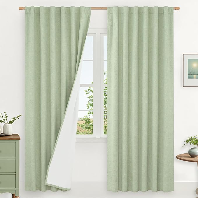100% Blackout Natural Linen Curtains 72 Inches 2 Panels, Light Green | Room Darkening, Bedroom, Curtains for Living Room, Neutral Privacy Panels, Rod Pocket Back Tab, White Liner, 52 x 72 Inch
