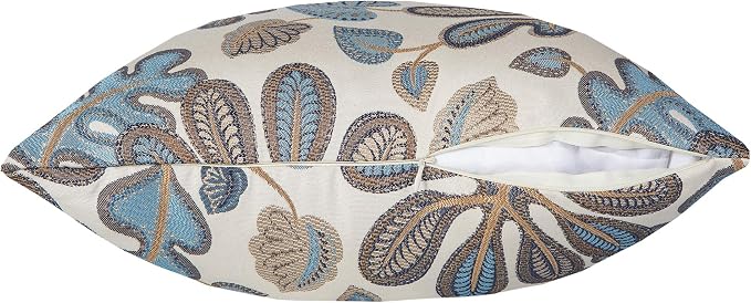 Mika Home Set of 2 Jacquard Tropical Leaf Pattern Throw Pillow Covers Decorative Pillowcase 20x20 Inches, Blue Cream