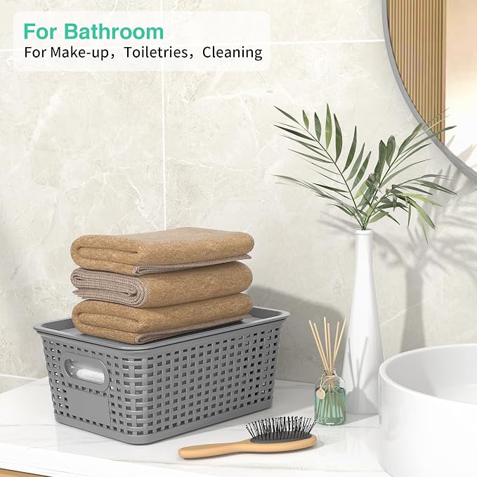 8 Pack Plastic Storage Baskets,Grey Stackable Bins with Lid | 5.3qt Storage Containers with Labels for Organizing Shelves Drawers Desktop Closet Playroom Classroom Office
