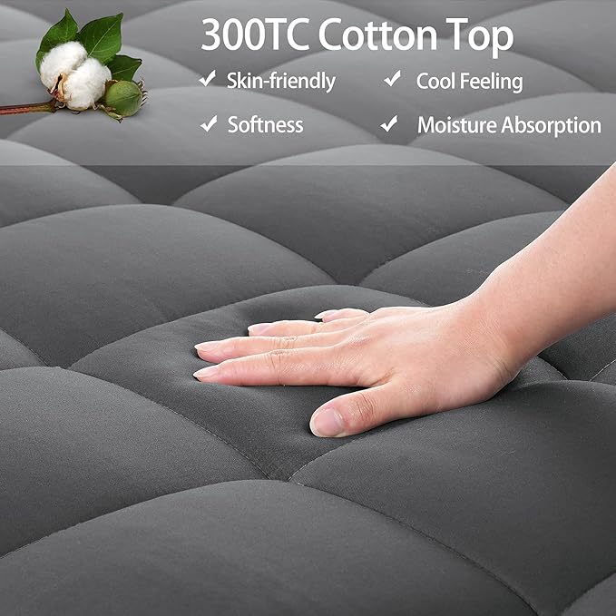 EASELAND Full Size Mattress Pad Pillow Top Mattress Topper Dark Grey | Cotton Top Cooling Mattress Cover,8-21" Deep Pocket Protector,54x75 Inches,Boxing Quilted & Machine Washable