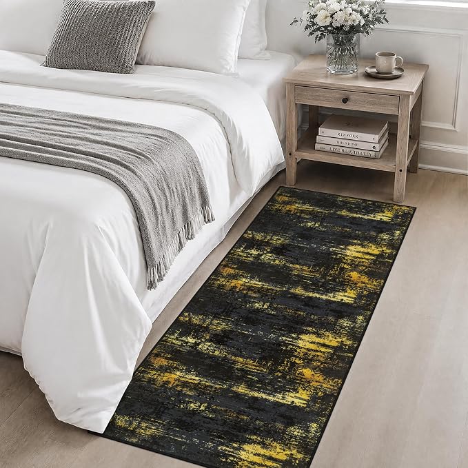 2x5 Washable Runner Rug：Modern Abstract Soft Carpet Black Gold | For Hallway, Bedroom, Kitchen, Laundry, Bathroom,Door Mat,Modern Abstract,Machine washable,Non-Slip,Stain Resistant,Indoor