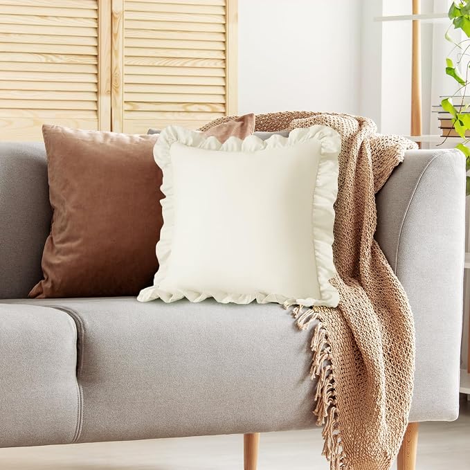 KKJIAF 2 Pack Ruffle Pillow Cases 18x18 Inches, Beige | Square Ruffled Pillow Covers, Microfiber Wrinkle Resistant Pillow Shams with Envelope Closure for Sofa Bed Living Room