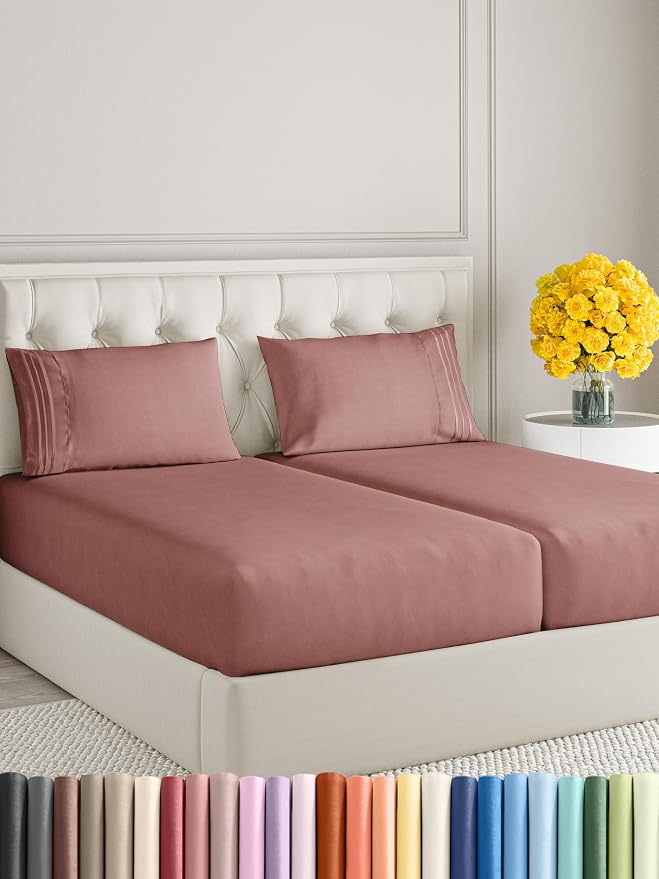 Split King Size 5 Piece Sheet Set - Ultra Soft & Cooling Bed Sheets - Clay | Fits 8 Inch to 16 inch Mattress, Wrinkle Free & Fade Resistant with Deep Pockets, Breathable, Comfy Hotel Luxury Bedding