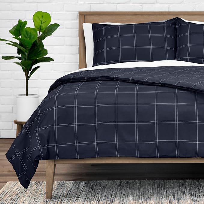 Bare Home Duvet Cover Set Twin/Twin XL, Modern Plaid - Midnight Blue/White | 1800 Ultra-Soft, Lightweight, Cooling, Breathable, Premium, All-Season