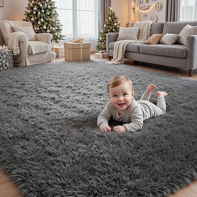 8x10 Fluffy Shag Area Rugs for Living Room Bedroom: Soft Plush Carpet Grey | Upgraded Non-Slip Thick Memory Foam, Ultra Soft, Non-Shedding Fuzzy Carpet, Easy Clean Decor for Kids Room, Nursery, Playroom
