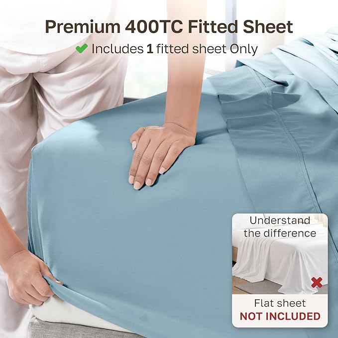 California Design Den 100% Cotton Sateen Queen Bed Fitted Sheet, Sky Blue | 400 Thread Count Backed by Good Housekeeping Seal, 16" Deep Pocket, All-Around Elastic, No-Pop Fit, Durable, OEKO-TEX