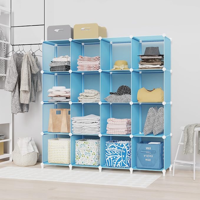 HOMIDEC Cube Storage Organizer, 16-Cube Closet Organizers and Storage | Portable Closet Organizer, Storage Cubes Shelves for Bedroom, Bathroom, Clothes Rack, Bookshelf for Kids Room, Blue