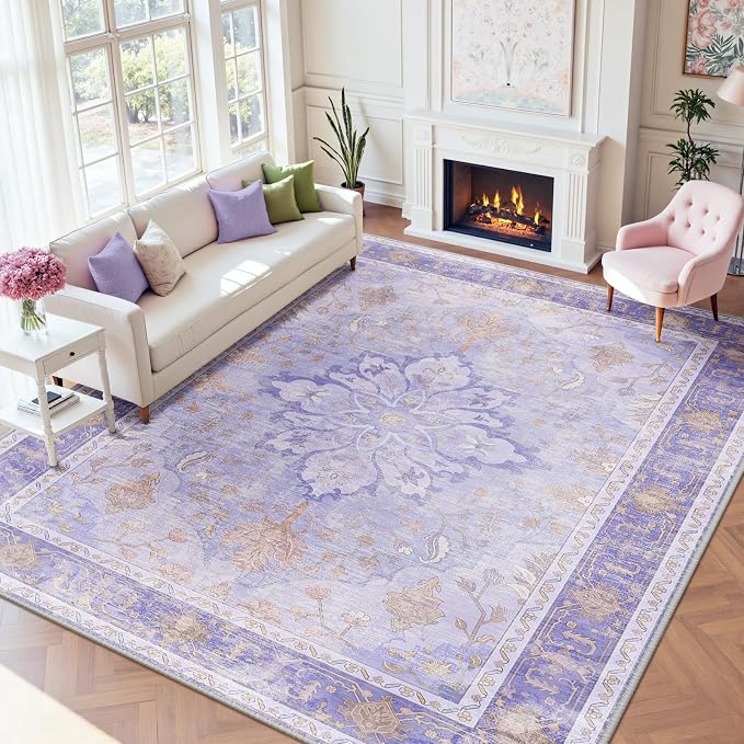 RELEANY Washable Area Rug, Large 9'x12', Purple | Non-Slip, Water Repellent, Pet Friendly, Easy to Clean, Vintage Floral Boho Decor for Living Room Bedroom Dining Room