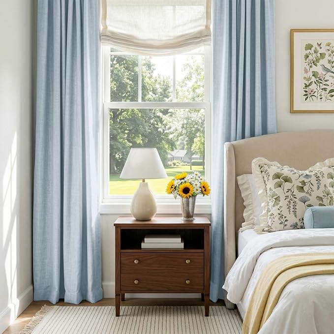 Faux Linen Total Blackout Curtains for Bedroom 90 Inch Long Chambray Blue | 100% Blackout Shield, Back Tab/Rod Pocket Living Room Drapes, Thermal Insulated Blackout Curtains 2 Panels Set, 50"W x 90"L
