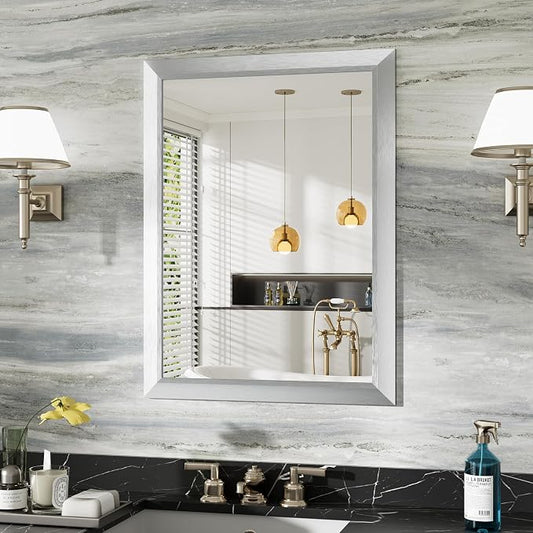 Bathroom Wall Mirror, Silver Brushed Nickel Metal Frame, 24x32 Inch | Anti-rust, HD tempered glass, for bathroom vanity, bedroom, living room, horizontal or vertical mount