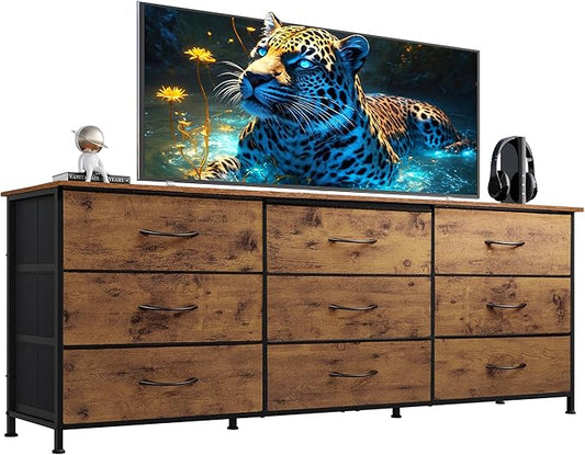 WLIVE Dresser TV Stand for 75 Inch TV, 9 Drawer Dresser, Rustic Brown | Fits TVs up to 75 inch, 9 roomy fabric drawers, Wide wood tabletop, Living room or bedroom, Chest of drawers