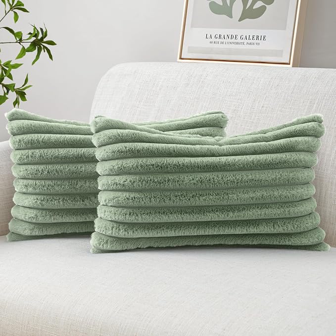 MIULEE Faux Fur Lumbar Throw Pillow Covers 12x20 Set of 2 Sage Green | Modern Soft Plush Couch Pillows, Cozy Fluffy Cushion Covers for Sofa Bed Living Room Home Decor