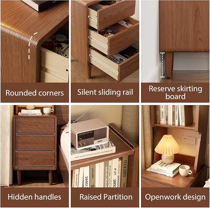 Solid Wood Bookshelf Nightstand Combo, Tall Nightstand with Bookshelf | Walnut Nightstand Bookshelf,Narrow Nightstand with Drawers,Open Shelf Bookcase,for Bedroom,Living Room,Offices