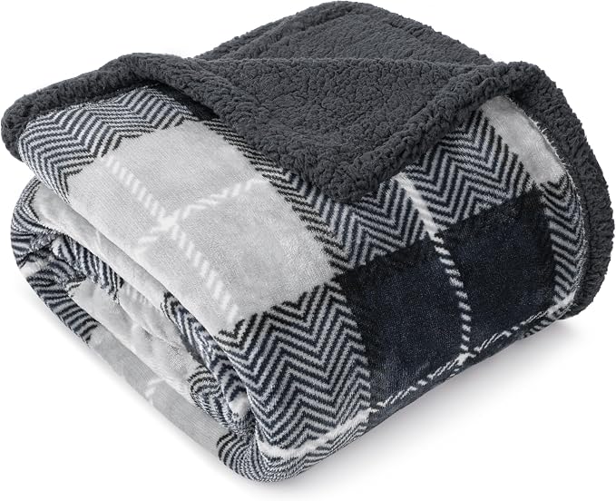 PAVILIA Twin Plaid Sherpa Throw Blanket for Couch Sofa Bed Dark Grey, 60x80 | GSM 460; Soft Plush Flannel Fleece; Warm&Cozy for Home; Machine Washable, Perfect Cabin Decor Winter Holiday Christmas Gift