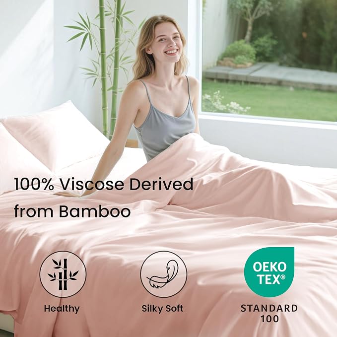 Love's cabin 4 Piece Full Size Sheet Set, 100% Rayon Derived from Bamboo, Cooling & Breathable, Soft Silky Deep Pocket up to 16", Hotel Luxury Bedding for Hot Sleepers, Pink