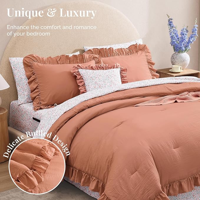 Queen Comforter Set-7 Pieces Ruffle Bedding with Floral Sheet | Autumn Leaf Bed in a Bag, Soft Lightweight All Season Farmhouse Queen Bedding Sets with Floral Sheets, Pillowcases & Shams