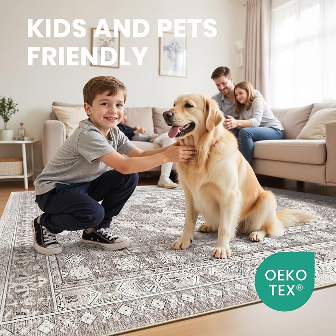 10x14 Area Rugs for Living Room,Large Washable Rug,Brown | Rugs for Bedroom,Dining Room,Office,Low Pile,Soft, Vintage Rug,Stain Resistant Indoor Carpet,Non Slip,Home Decor
